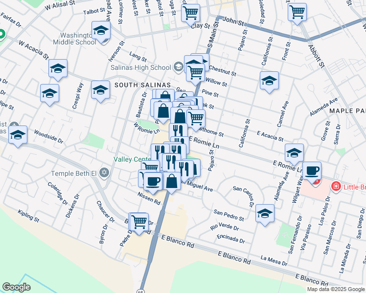 map of restaurants, bars, coffee shops, grocery stores, and more near 2 Katherine Avenue in Salinas
