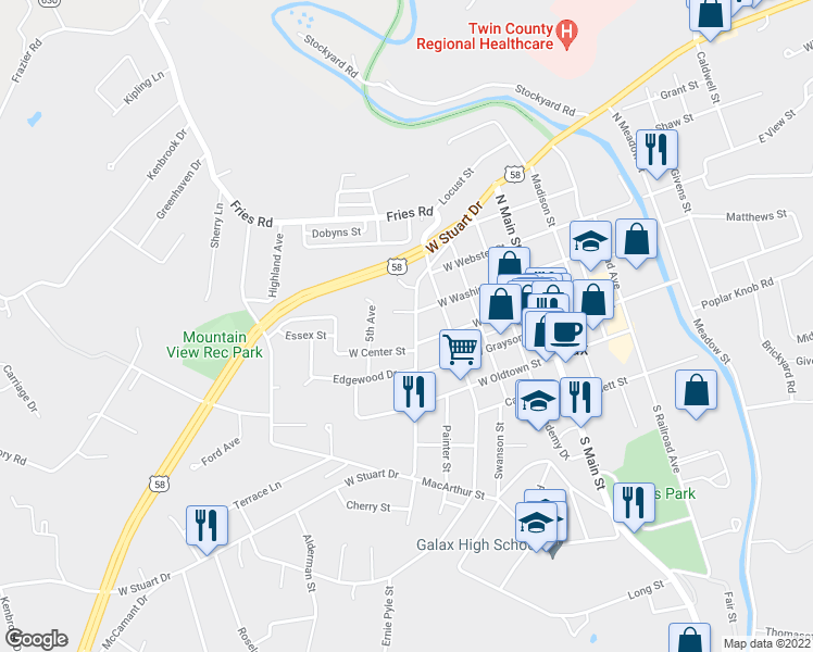 map of restaurants, bars, coffee shops, grocery stores, and more near 406 West Stuart Drive in Galax