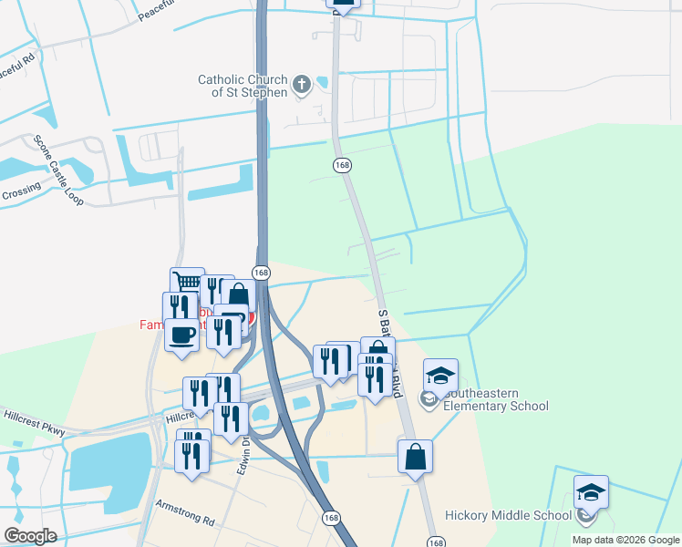 map of restaurants, bars, coffee shops, grocery stores, and more near 1730 South Battlefield Boulevard in Chesapeake