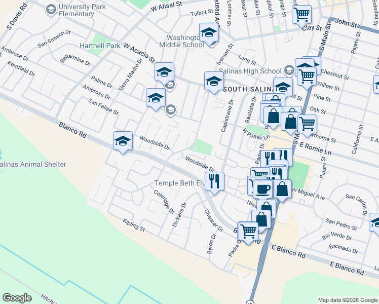 map of restaurants, bars, coffee shops, grocery stores, and more near 330 Woodside Drive in Salinas
