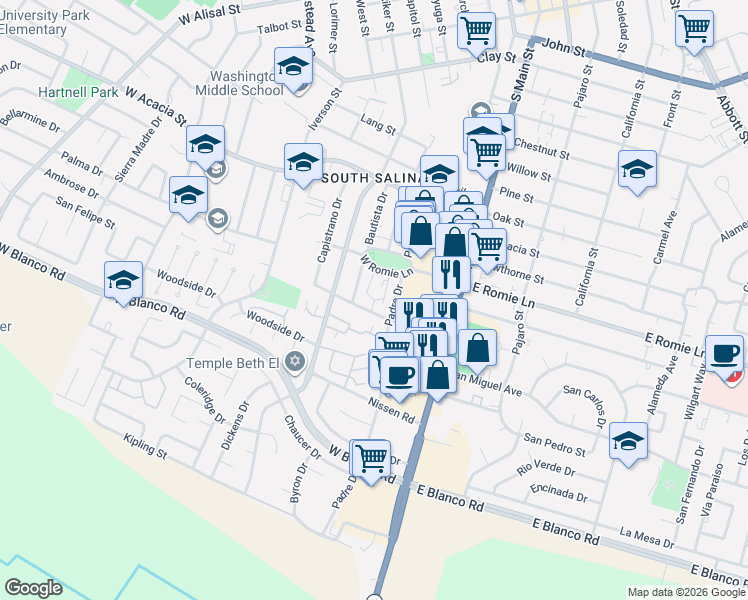 map of restaurants, bars, coffee shops, grocery stores, and more near 119 Orange Drive in Salinas
