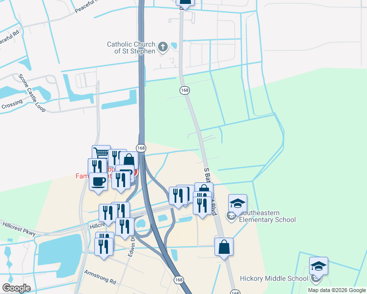 map of restaurants, bars, coffee shops, grocery stores, and more near 1730 South Battlefield Boulevard in Chesapeake