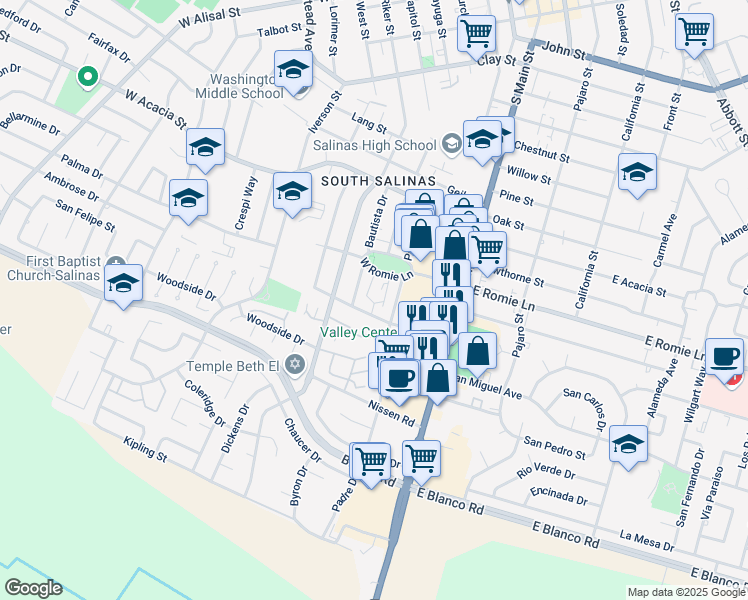 map of restaurants, bars, coffee shops, grocery stores, and more near 119 Orange Drive in Salinas