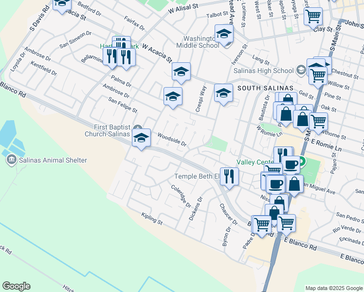 map of restaurants, bars, coffee shops, grocery stores, and more near 1101 Greenwood Place in Salinas