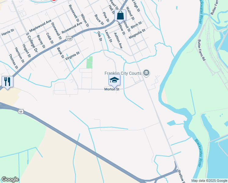map of restaurants, bars, coffee shops, grocery stores, and more near 301 Morton Street in Franklin