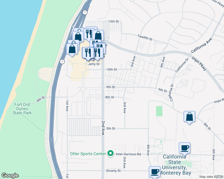 map of restaurants, bars, coffee shops, grocery stores, and more near 220 9th Street in Marina