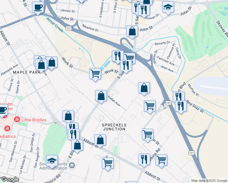 map of restaurants, bars, coffee shops, grocery stores, and more near 733 Sanborn Place in Salinas