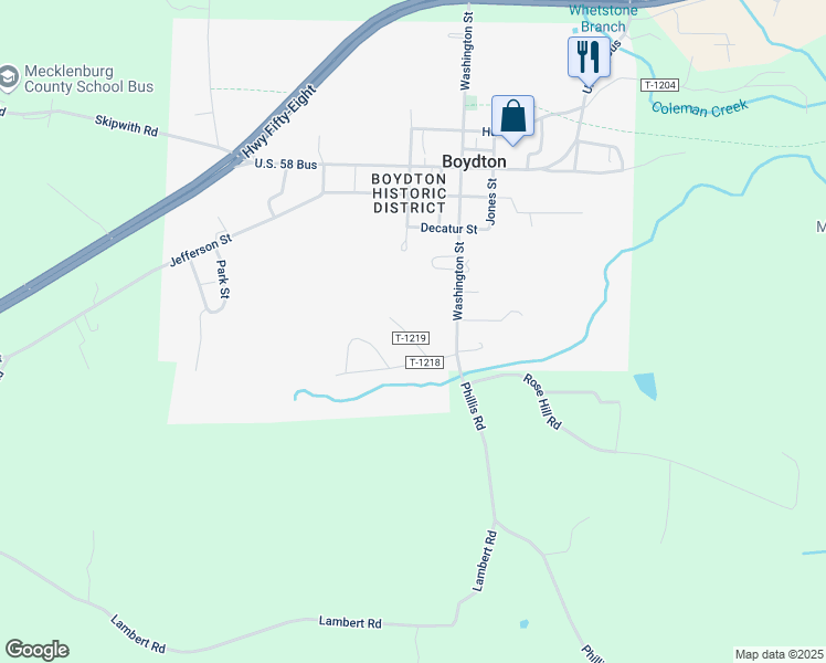 map of restaurants, bars, coffee shops, grocery stores, and more near 70 Maple Court in Boydton