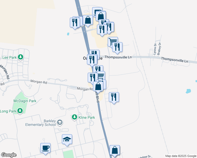 map of restaurants, bars, coffee shops, grocery stores, and more near 15090 Fort Campbell Boulevard in Oak Grove