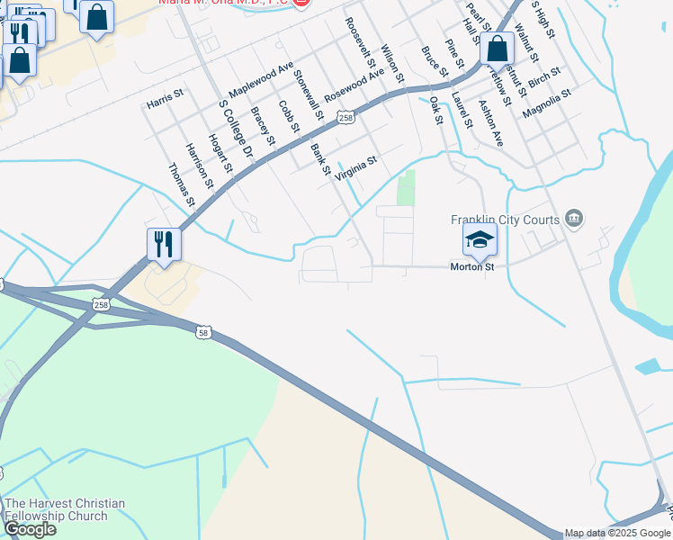 map of restaurants, bars, coffee shops, grocery stores, and more near Dorchester Street in Franklin