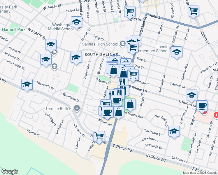map of restaurants, bars, coffee shops, grocery stores, and more near 103 West Romie Lane in Salinas