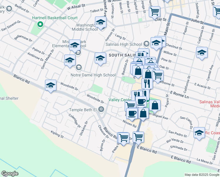 map of restaurants, bars, coffee shops, grocery stores, and more near 920 Riker Street in Salinas