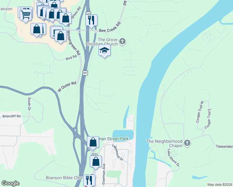 map of restaurants, bars, coffee shops, grocery stores, and more near 200 Grand Summit Point in Branson