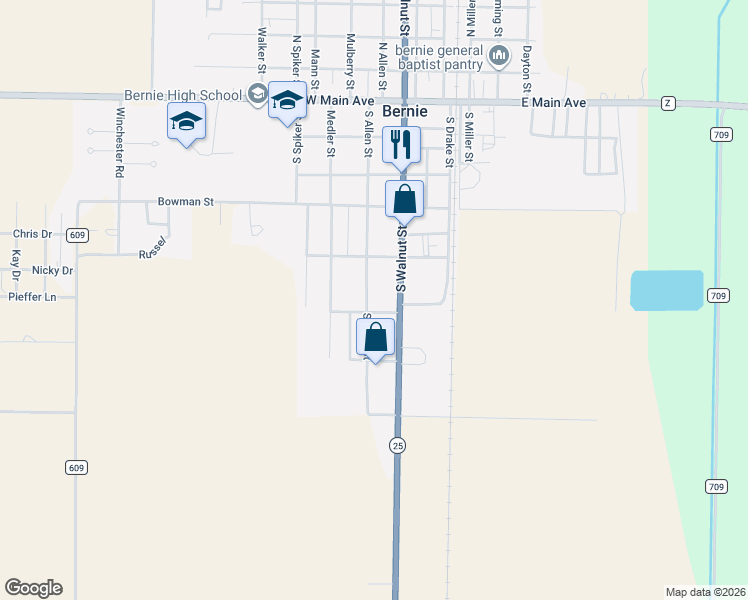 map of restaurants, bars, coffee shops, grocery stores, and more near 512 South Allen Street in Bernie
