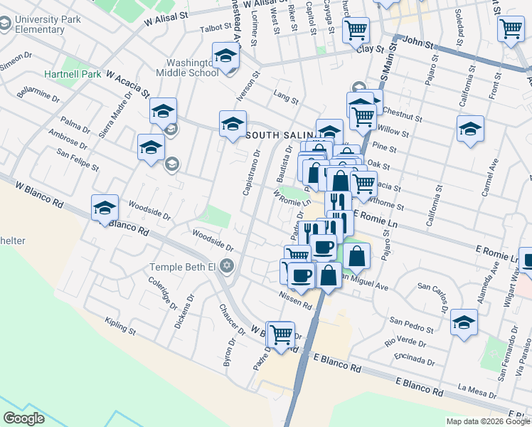 map of restaurants, bars, coffee shops, grocery stores, and more near 922 Bautista Drive in Salinas
