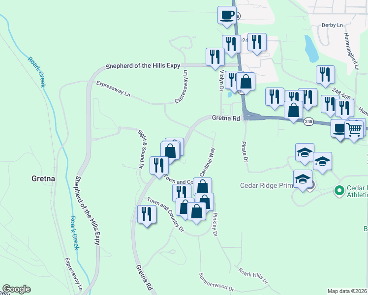 map of restaurants, bars, coffee shops, grocery stores, and more near 4003 Gretna Road in Branson