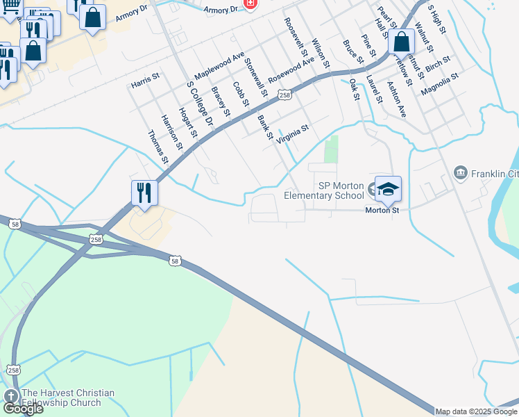 map of restaurants, bars, coffee shops, grocery stores, and more near 1698 Dorchester Street in Franklin