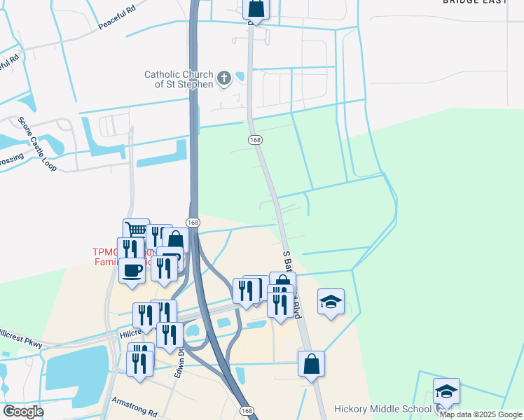 map of restaurants, bars, coffee shops, grocery stores, and more near 1718 Battlefield Boulevard South in Chesapeake