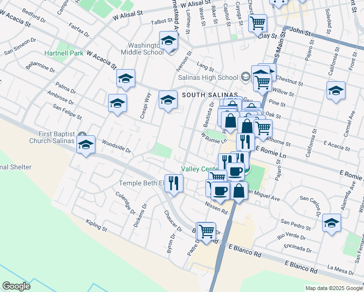 map of restaurants, bars, coffee shops, grocery stores, and more near 929 Capistrano Drive in Salinas