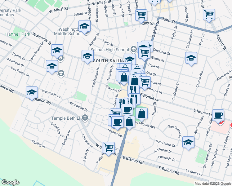 map of restaurants, bars, coffee shops, grocery stores, and more near 103 West Romie Lane in Salinas