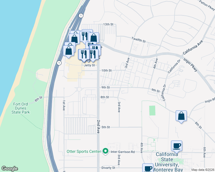 map of restaurants, bars, coffee shops, grocery stores, and more near 217 9th Street in Marina