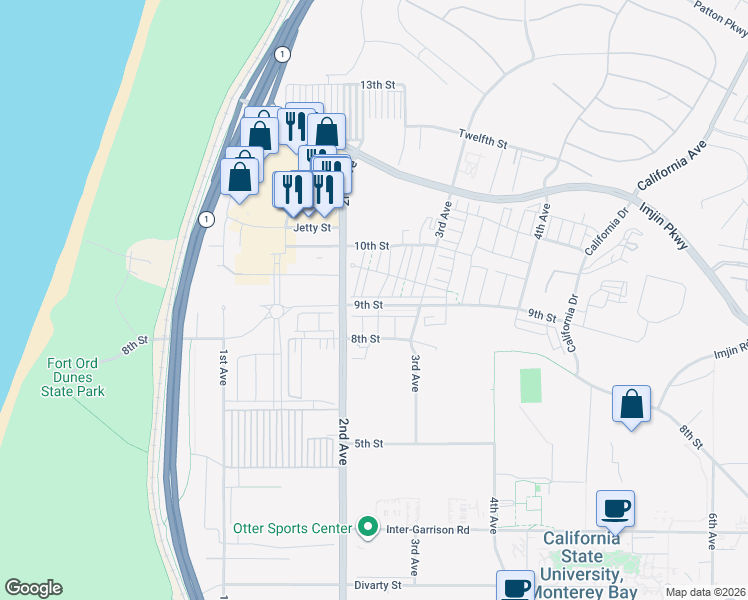 map of restaurants, bars, coffee shops, grocery stores, and more near 217 9th Street in Marina
