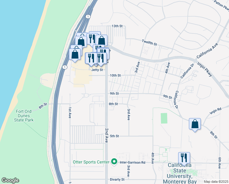 map of restaurants, bars, coffee shops, grocery stores, and more near 213 9th Street in Marina