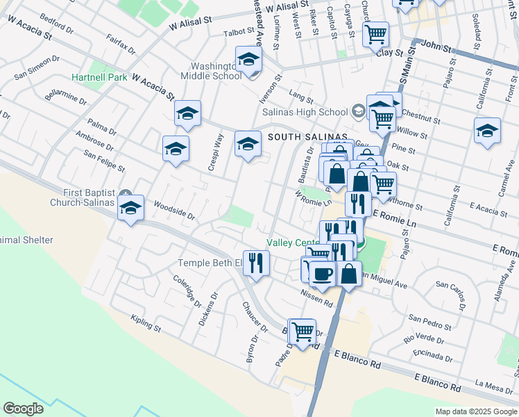 map of restaurants, bars, coffee shops, grocery stores, and more near 928 Capistrano Drive in Salinas
