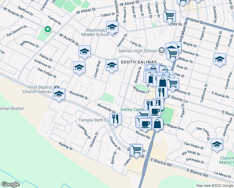map of restaurants, bars, coffee shops, grocery stores, and more near 928 Capistrano Drive in Salinas