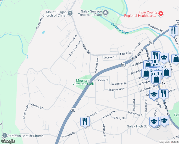 map of restaurants, bars, coffee shops, grocery stores, and more near 104 Mountain View Avenue in Galax