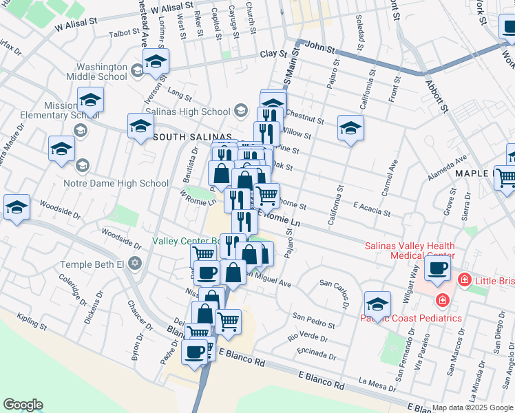 map of restaurants, bars, coffee shops, grocery stores, and more near 926 1/2 South Main Street in Salinas