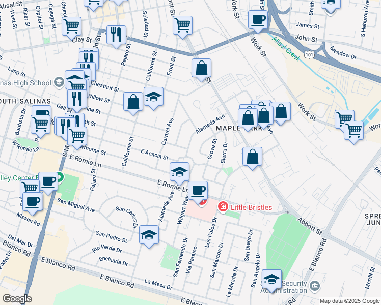 map of restaurants, bars, coffee shops, grocery stores, and more near 235 Alameda Avenue in Salinas