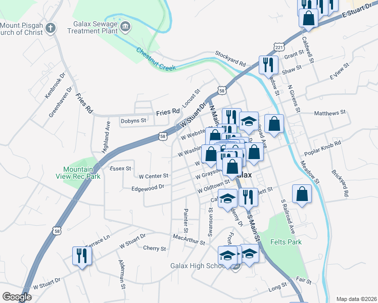 map of restaurants, bars, coffee shops, grocery stores, and more near 356 West Washington Street in Galax