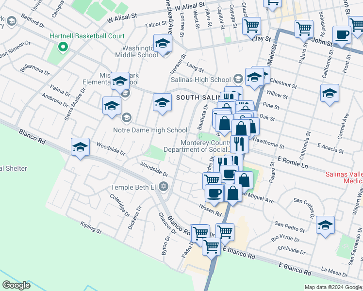 map of restaurants, bars, coffee shops, grocery stores, and more near 920 Riker Street in Salinas