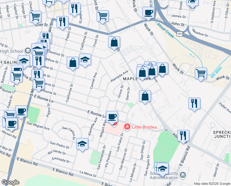 map of restaurants, bars, coffee shops, grocery stores, and more near in Salinas