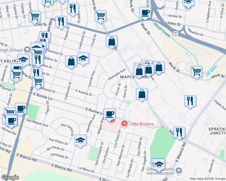 map of restaurants, bars, coffee shops, grocery stores, and more near 30 Santa Ana Drive in Salinas