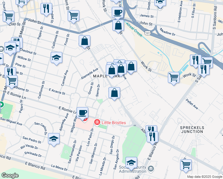 map of restaurants, bars, coffee shops, grocery stores, and more near 548 Abbott Street in Salinas