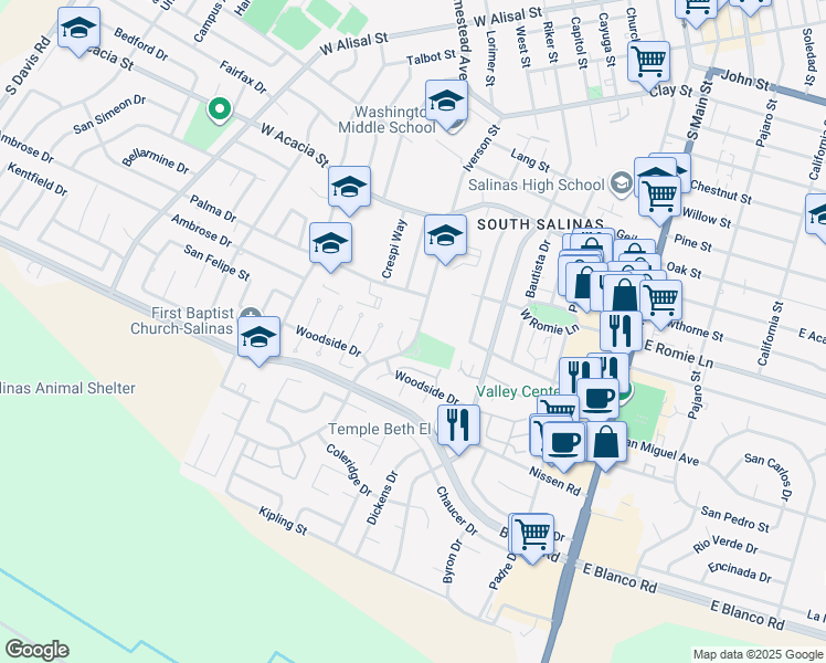 map of restaurants, bars, coffee shops, grocery stores, and more near 1020 Iverson Circle in Salinas