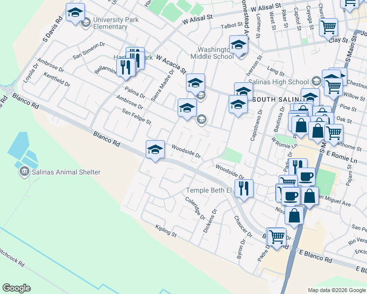 map of restaurants, bars, coffee shops, grocery stores, and more near 1007 Driftwood Place in Salinas