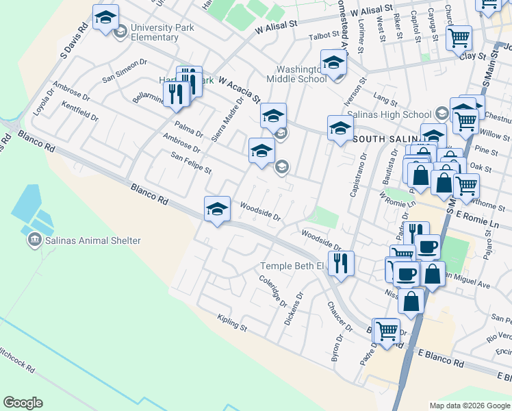 map of restaurants, bars, coffee shops, grocery stores, and more near 1007 Driftwood Place in Salinas
