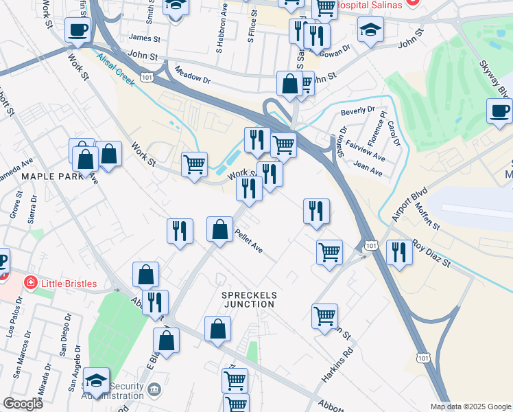 map of restaurants, bars, coffee shops, grocery stores, and more near 733 Sanborn Place in Salinas