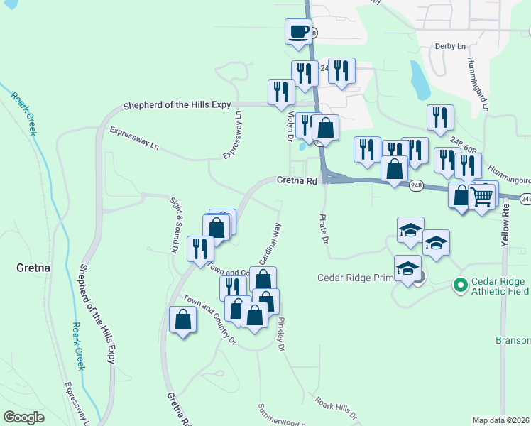 map of restaurants, bars, coffee shops, grocery stores, and more near 251 Branson Meadows Drive in Branson