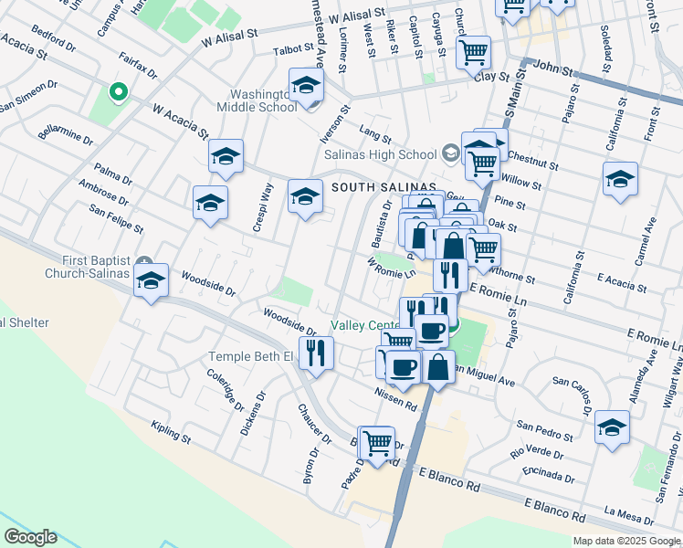 map of restaurants, bars, coffee shops, grocery stores, and more near 920 Riker Street in Salinas