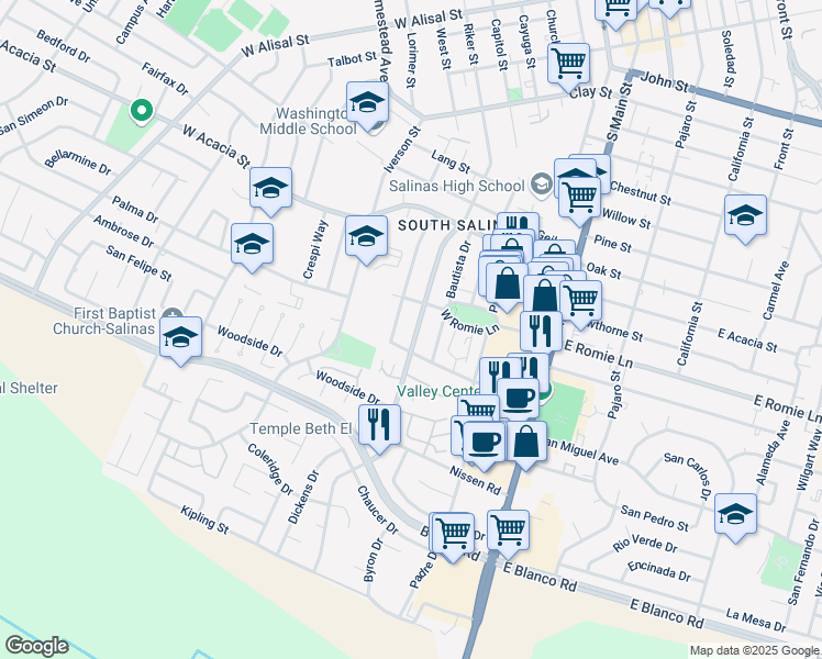 map of restaurants, bars, coffee shops, grocery stores, and more near 920 Riker Street in Salinas