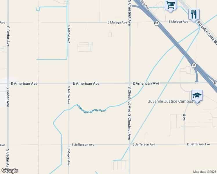 map of restaurants, bars, coffee shops, grocery stores, and more near 2801 East American Avenue in Fresno
