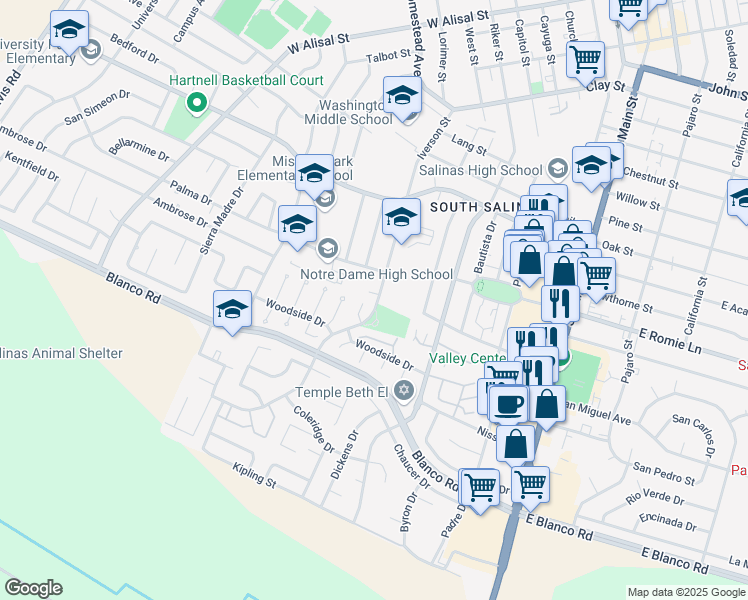 map of restaurants, bars, coffee shops, grocery stores, and more near 1020 Iverson Circle in Salinas