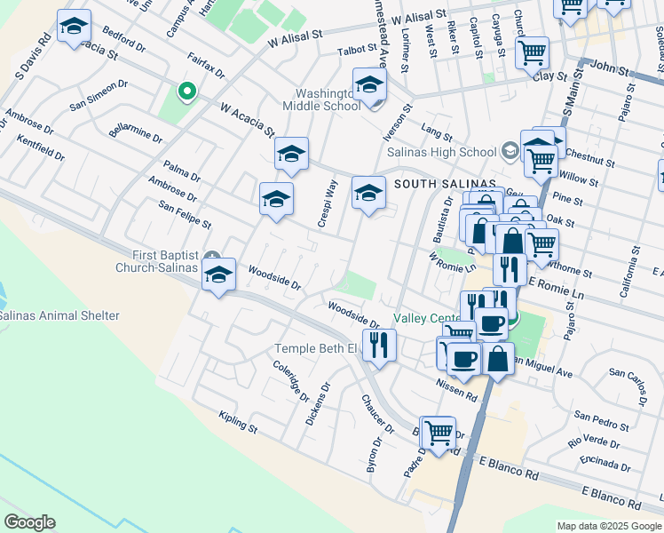 map of restaurants, bars, coffee shops, grocery stores, and more near 1020 Iverson Circle in Salinas