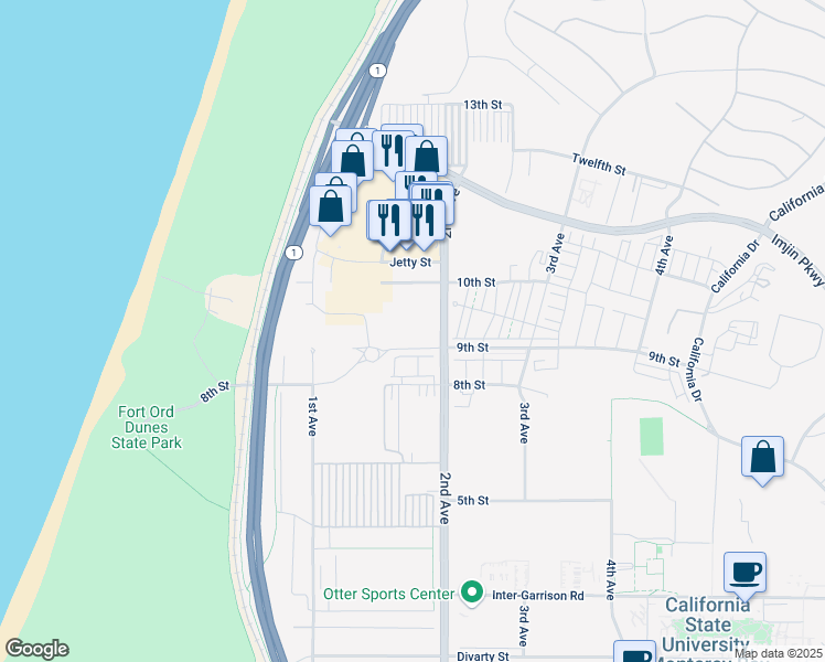 map of restaurants, bars, coffee shops, grocery stores, and more near 251 9th Street in Marina