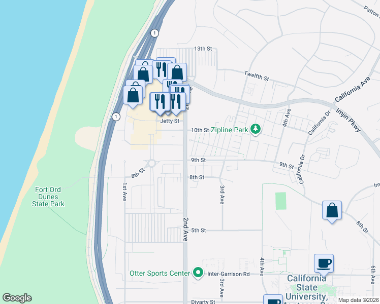 map of restaurants, bars, coffee shops, grocery stores, and more near 2001 Boardwalk Avenue in Marina