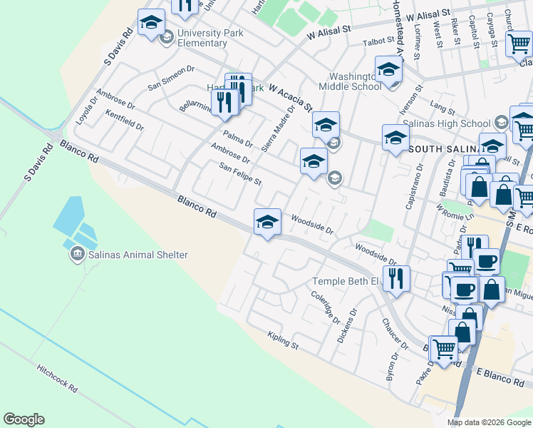 map of restaurants, bars, coffee shops, grocery stores, and more near 547 San Felipe Street in Salinas
